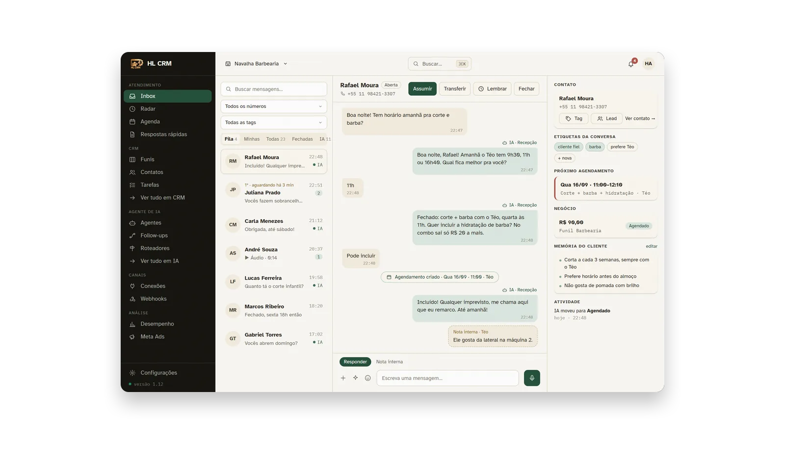 Inbox do HL CRM com as conversas do WhatsApp da IA e da equipe
