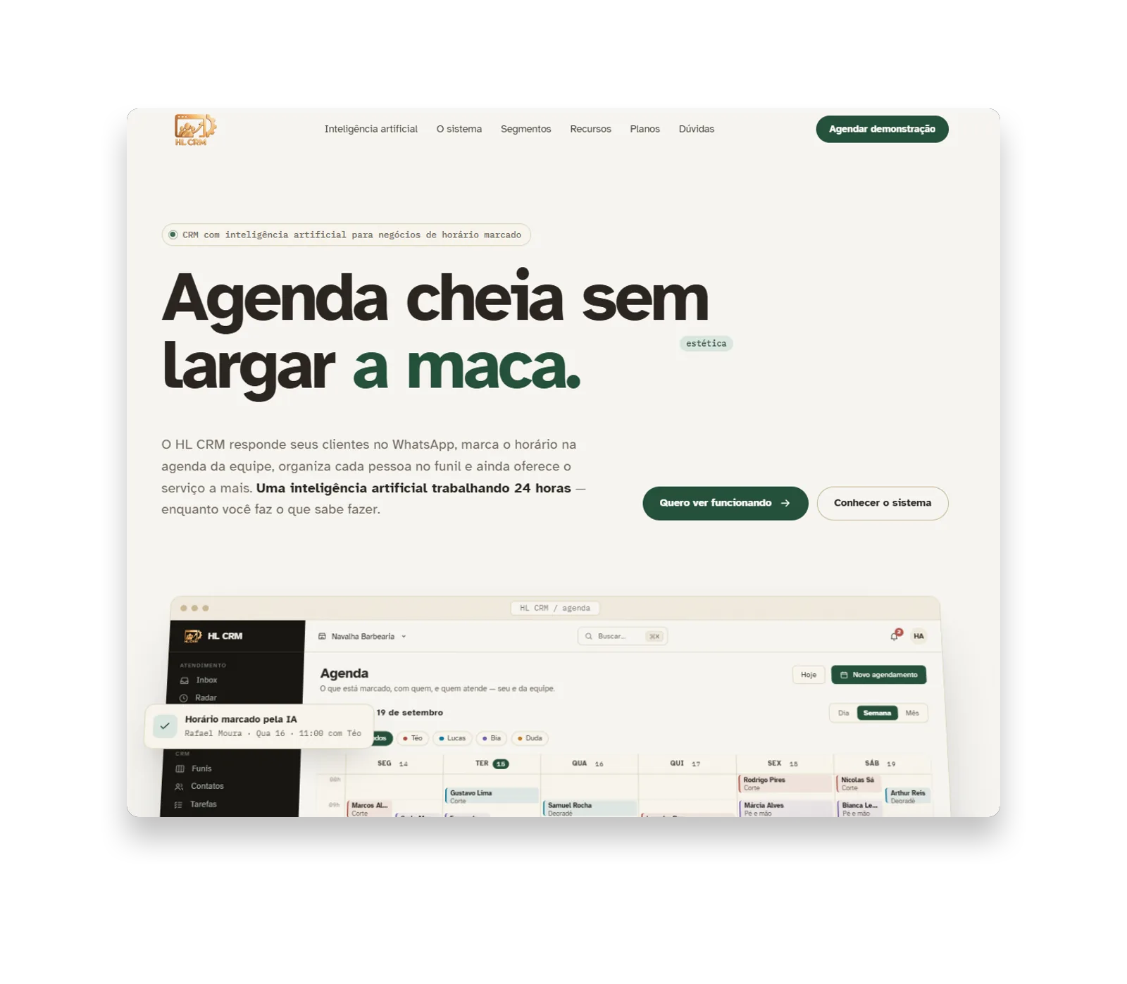 Site do HL CRM, CRM com IA que atende no WhatsApp e agenda horários automaticamente