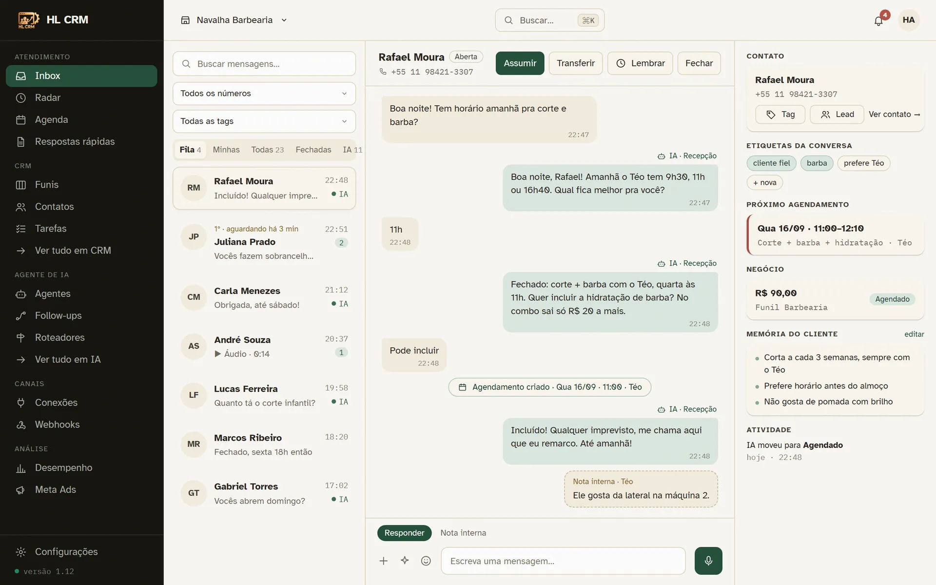 Inbox do HL CRM com as conversas do WhatsApp da IA e da equipe