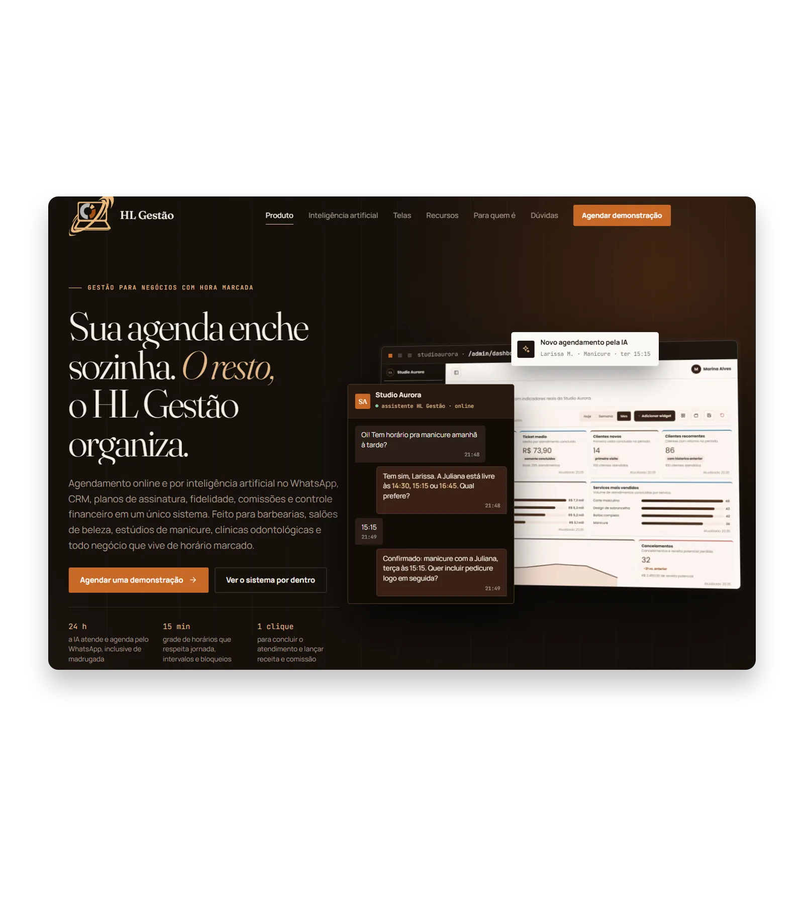 Site do HL Gestão, sistema de gestão com agenda, IA no WhatsApp e financeiro