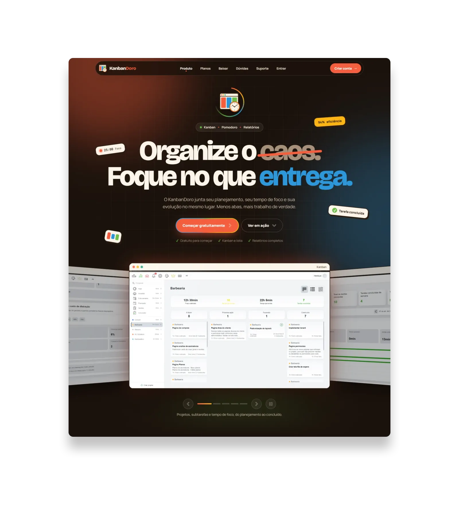 Site do KanbanDoro, com quadro Kanban, Pomodoro e relatórios de foco