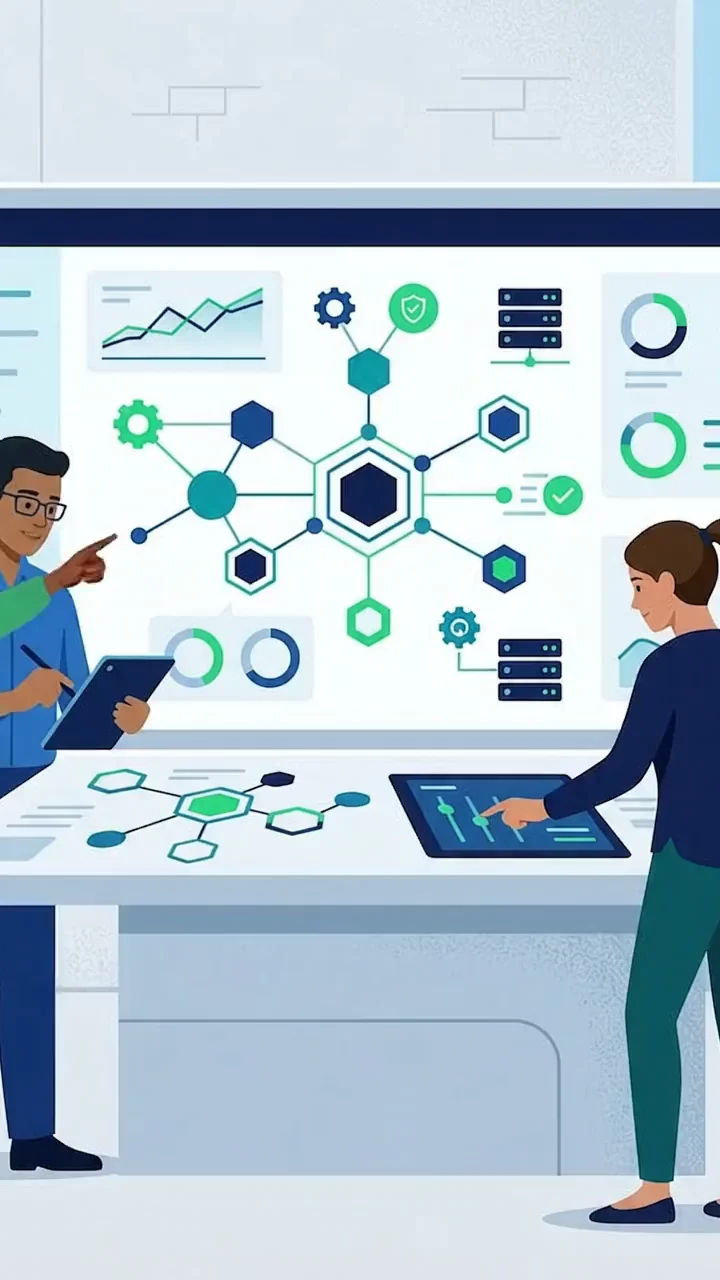 Ilustração de equipe planejando um sistema com painéis e integrações
