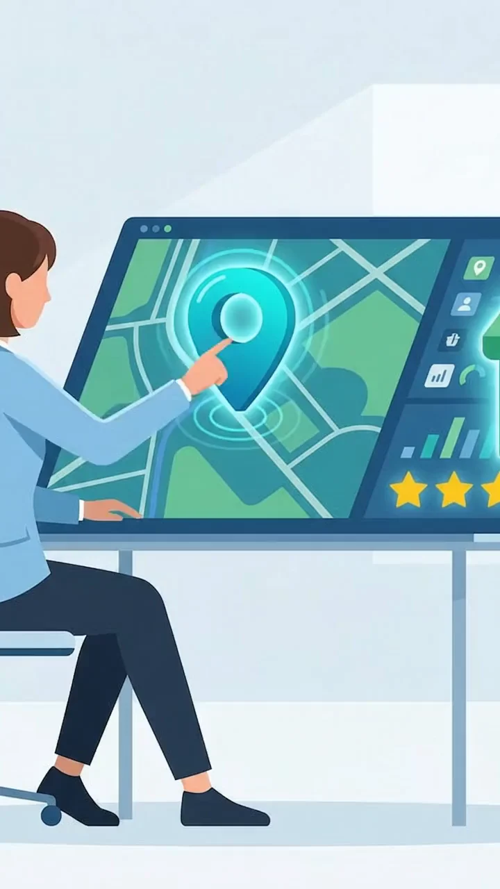 Ilustração de empresa marcada no mapa com avaliações no Google Meu Negócio